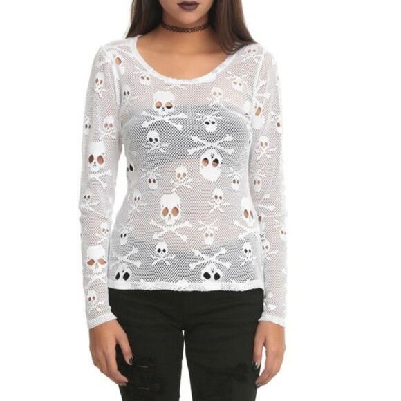 Royal Bones Tops - White Skull Mesh Long-Sleeve Top